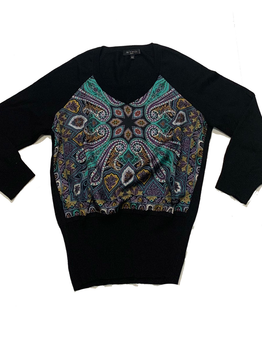 Etro Black Sweater with Teal and Purple Paisley Front